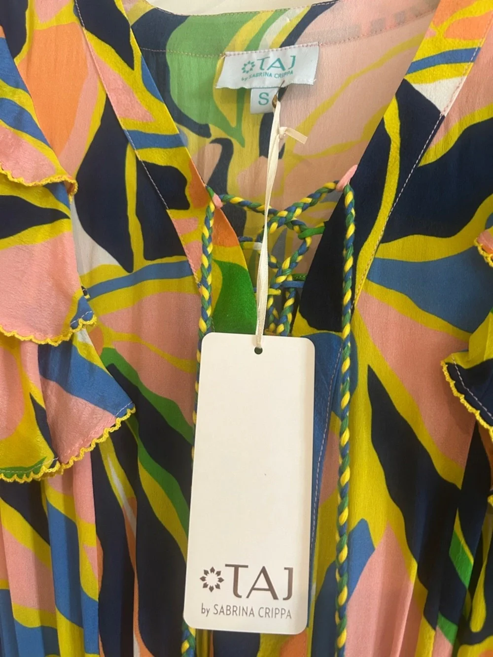 NEW TAJ by Sabrina Crippa Ruffle Mini Dress Tropical Print NWT Size S US 2-4